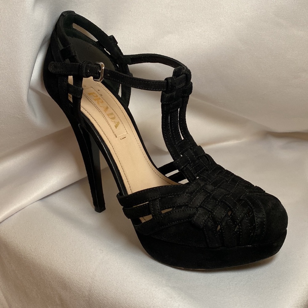 Prada T-strap Black Suede Platform Pumps, Size 36.5